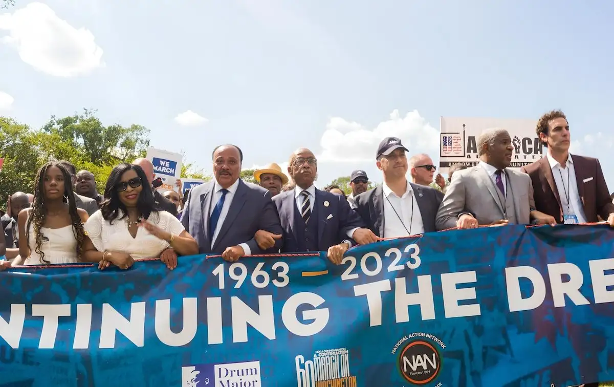 Sacha Baron Cohen on the front line of the 60th anniversary March on Washington with the King family, Lincoln Memorial, August 26, 2023.